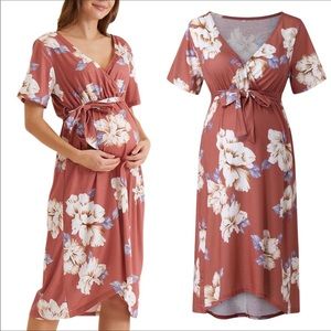 NEW Maternity Rust Floral Short Sleeve Wrap Dress